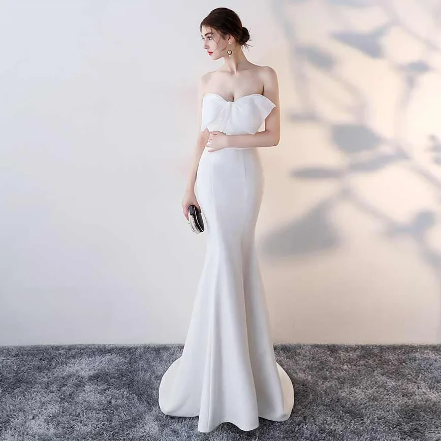 

Evening Dresses White Bow Stretchy Strapless Zipper Back Mermaid Trumpet Floor Length Women Party Formal Gowns YE011