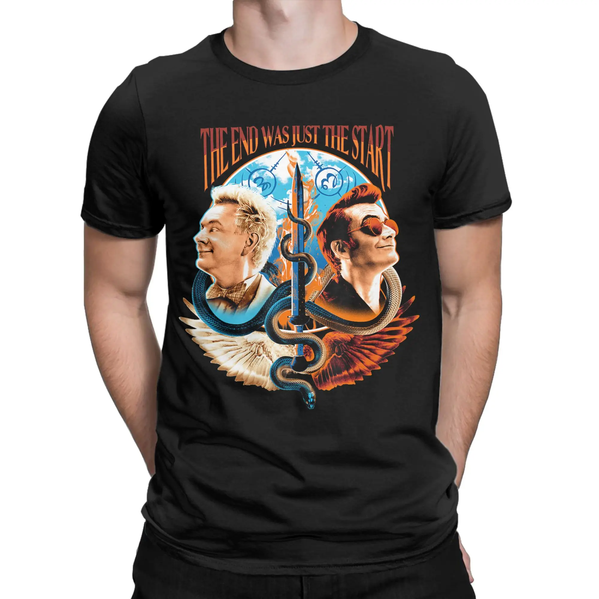 Crazy Good Omens The End Was Just The Start T-Shirt Men O Neck Cotton T Shirts  Short Sleeve Tee Shirt Plus Size Clothes