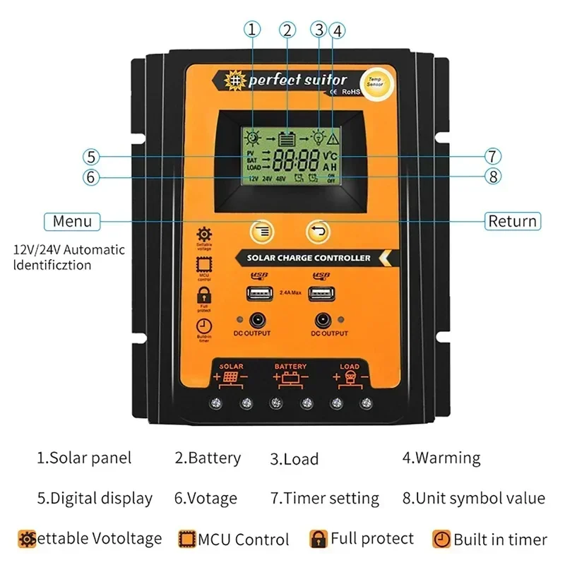 70A 50A 30A MPPT SC PWM Solar Controller 12V 24V Solar Charge Controllers IP32 Panel Battery Controlle Regulator Dual USB LCD