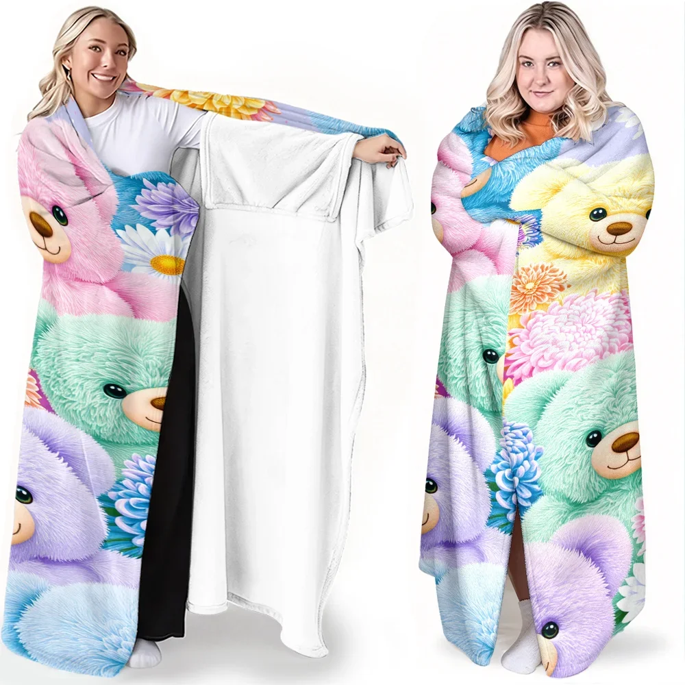 1pc Pastel Teddy Bear Floral Print Wearable Blanket-Soft and comfortable, lovely design. Great for lounging, sleepovers and gift