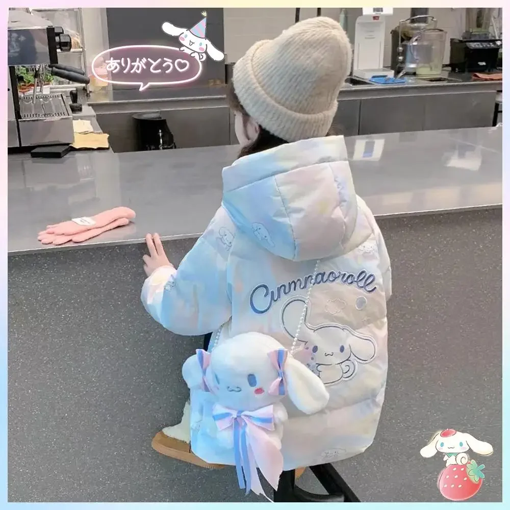 

Зимняя детская пуховая одежда с рисунком Sanrios Cinnamoroll Kuromi, модная утепленная теплая хлопковая стеганая куртка с капюшоном для девочек