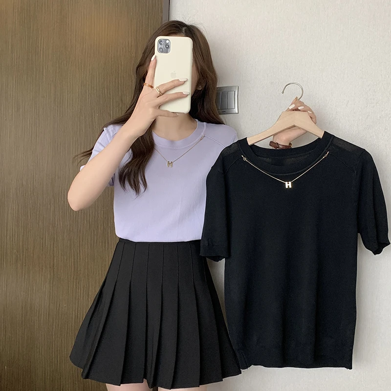 

2023 Summer New Advanced Simple Necklace Ice Silk Short Sleeve T-shirt Large Fat MM Slim Top