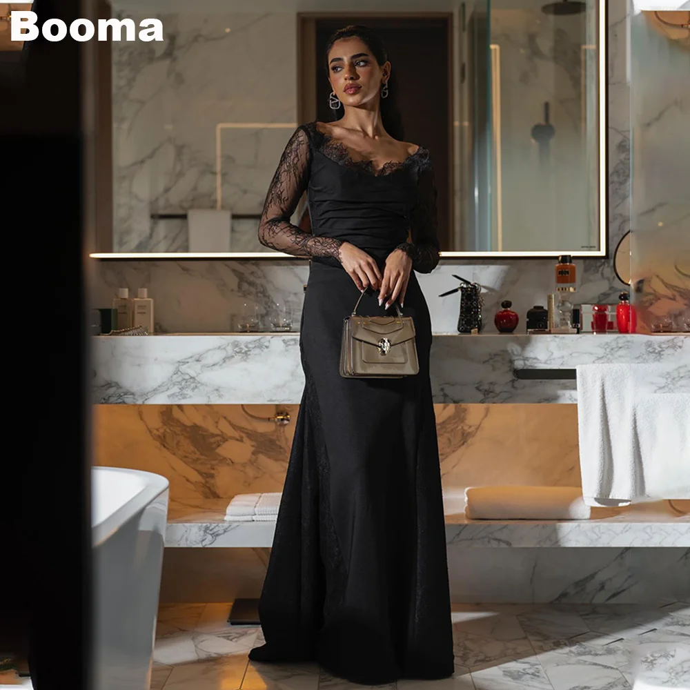 Booma Black Mermaid Evening Dresses Satin Lace Full Sleeves Formal Occasion Dress for Women Lace Up Party Prom Gowns Dubai