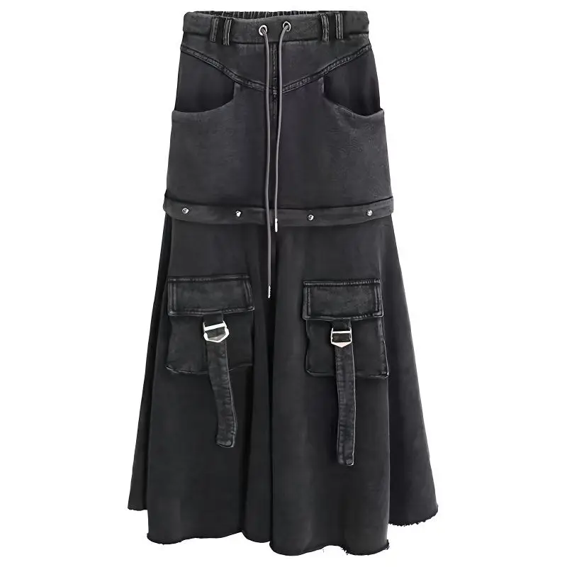 

Detachable Denim Skirt For Women New Draped Workwear Black Long Skirt Mid-Length Spring