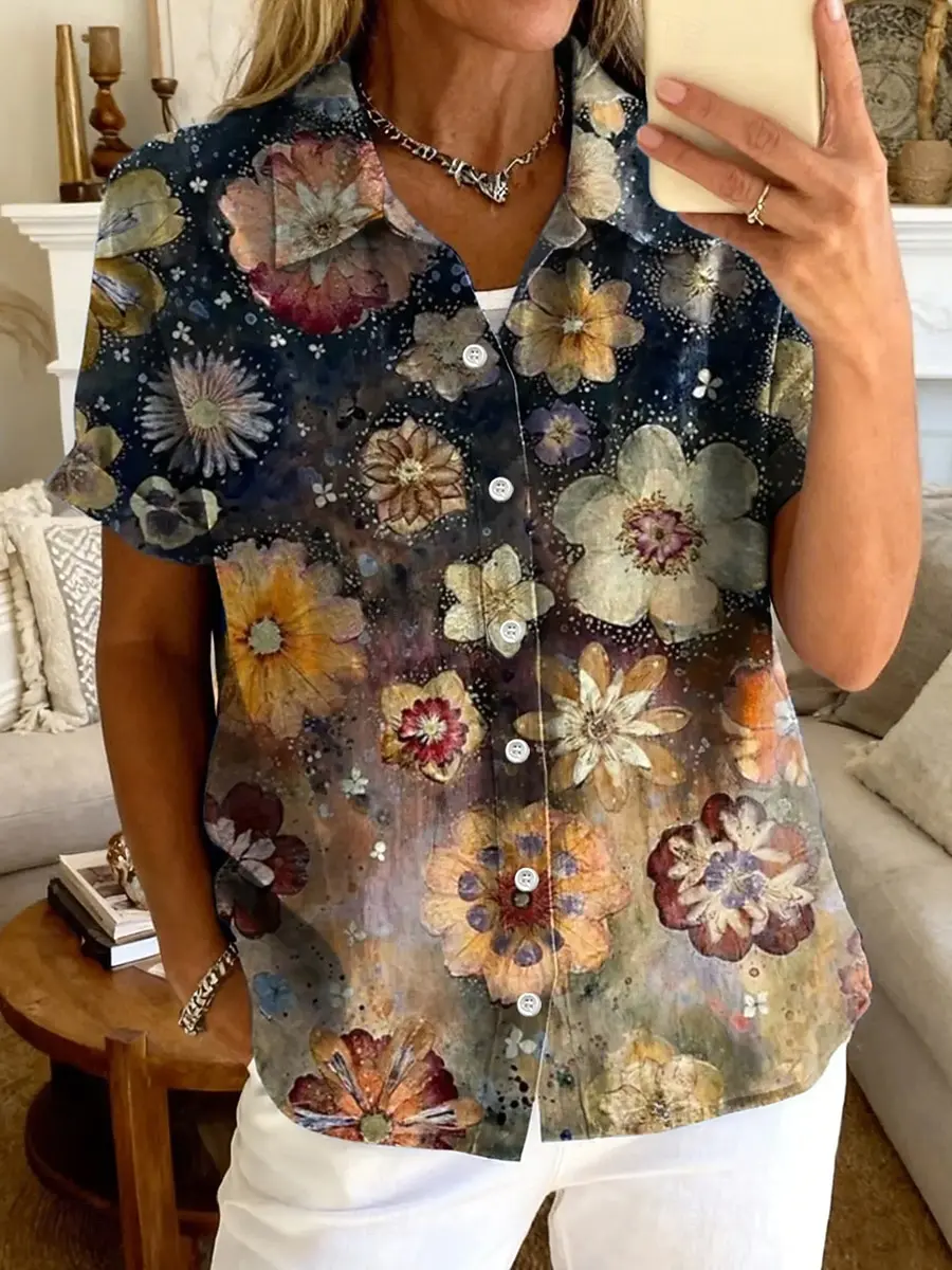 

Women's Vintage Floral Graphic Print Button Short Sleeve Shirt Collar Tops, Stylish Casual Daily Wear, Spring & Summer