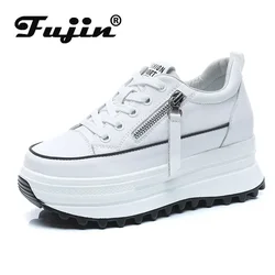 Fujin 7cm oryginalne skórzane damskie buty w stylu casual 7cm platforma klinowe kobiece damskie modne trampki Chunky wiosenne jesienne buty lato