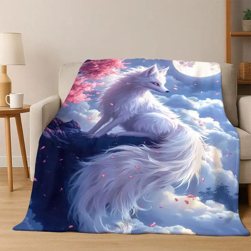 Fairy Tale Fox Cartoon Flannel Blanket Soft Warm Throw Blanket for Bedroom Living Room Bed Travel Camping Picnic Gift