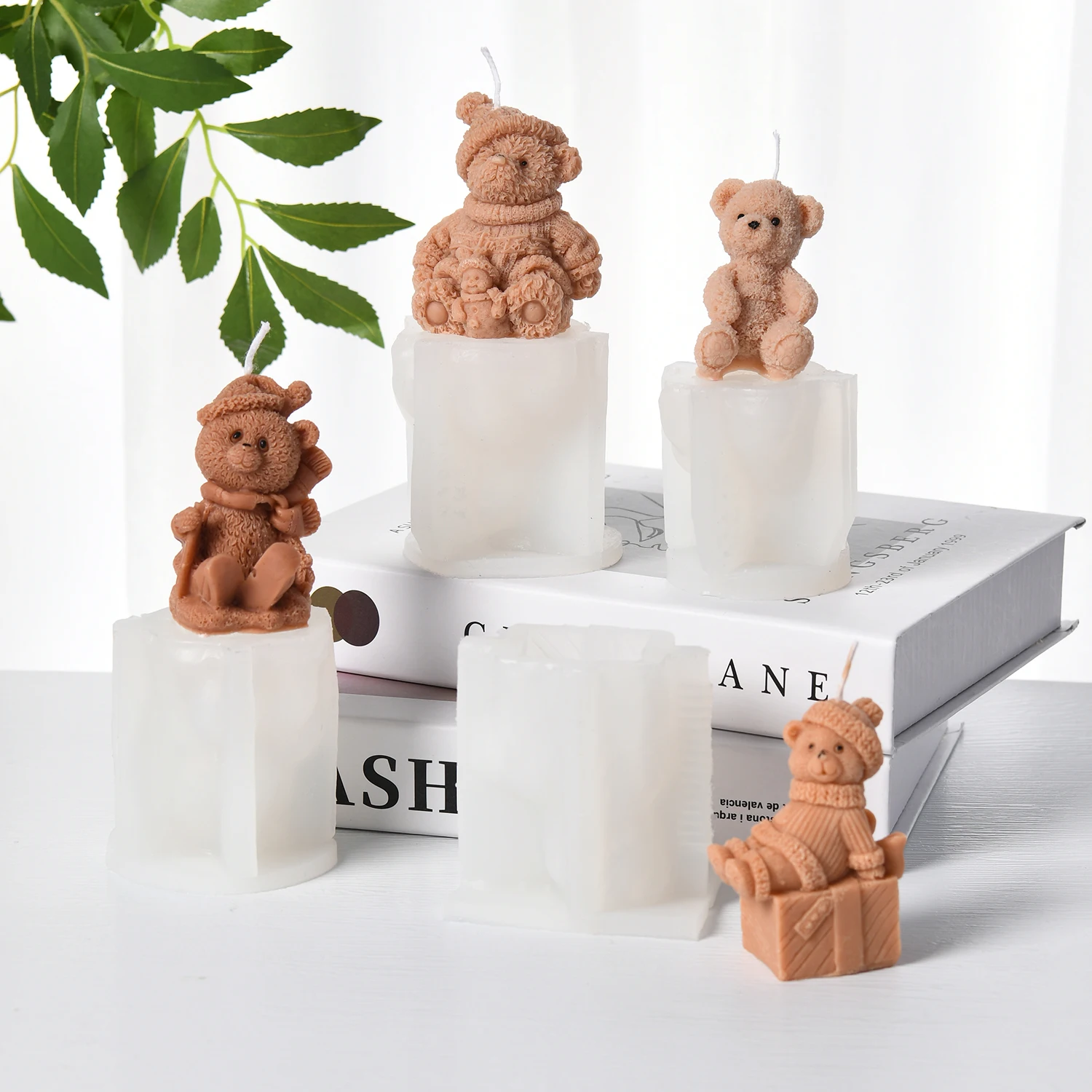 Cute Teddy Bear Candle Silicone Molds Bear Sitting on Gift Box & Wearing Nightcap & touching Foot DIY Handcrafts soap Resin Tool