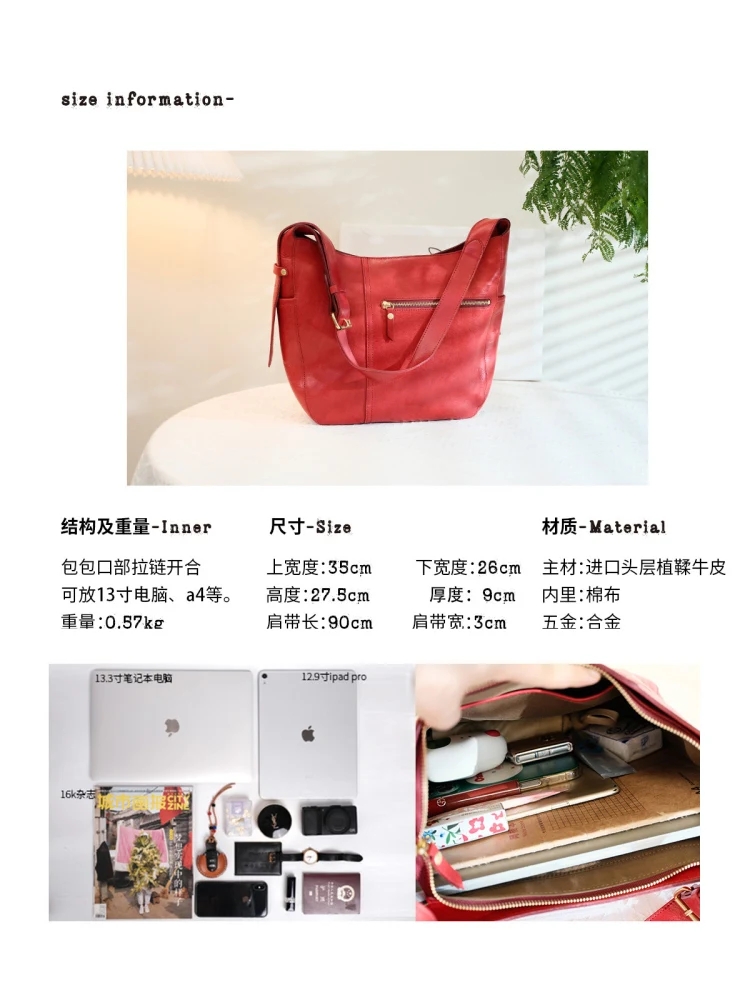 Fashion vintage genuine leather women's big tote bag weekend shopping shoulder bag handmade cowhide large capacity handbag