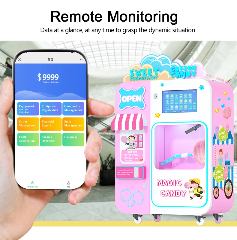 Customized Earn Money Commercial Kids Pink Automatic Cotton Floss Candy Vending Machine Robot For Sell Party
