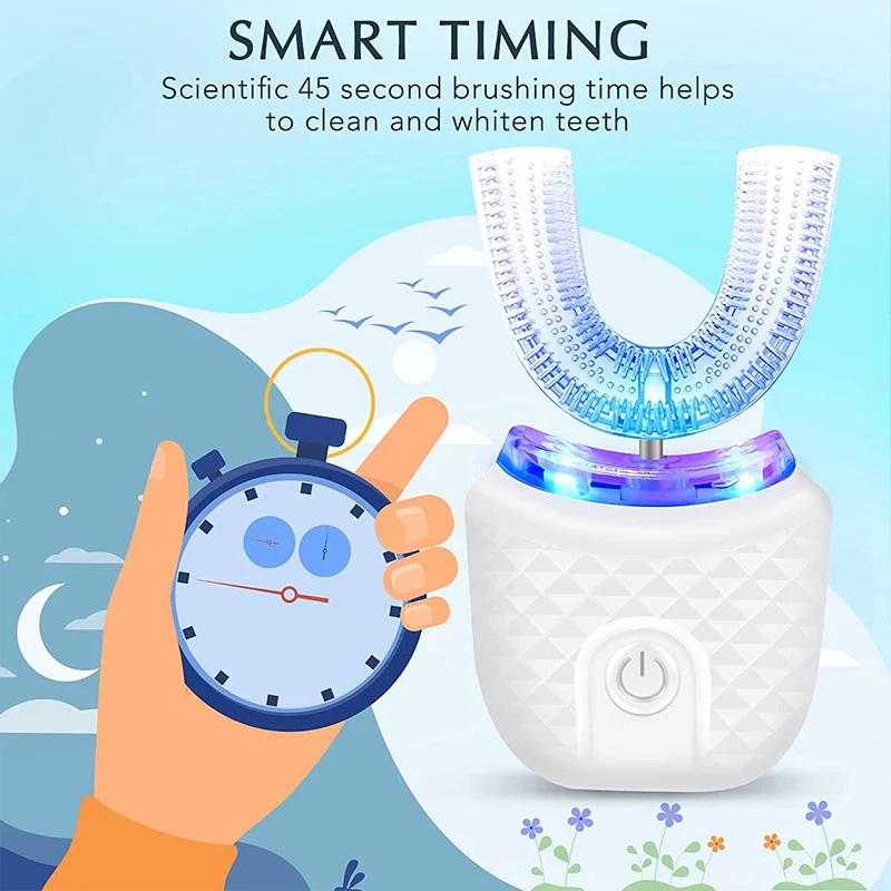 Smart U Shaped Sonic Electric Toothbrush Hands-Free Quiet Vibration IPX Waterproof with Replaceable Heads & Tongue Scraper