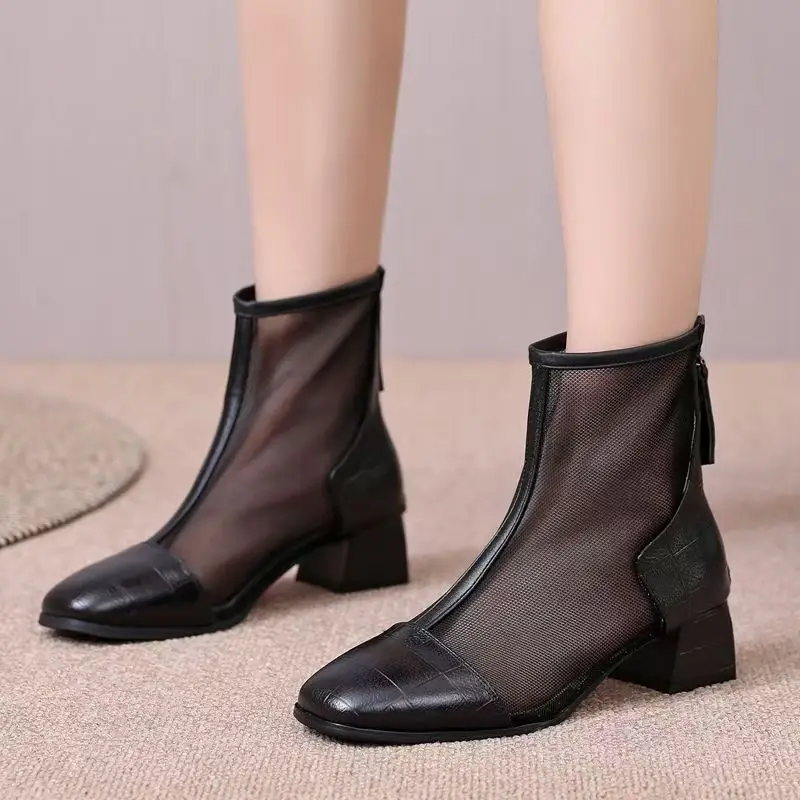 

Women Big Size Block Heel Mesh Ankle Boots Spring Summer New Soft sole Non Slip Breathable Square Toe High Top Zippers Cool Boot