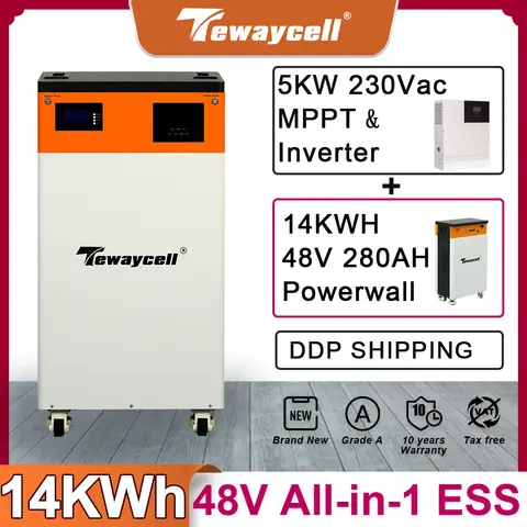 Tewaycell 48V 280Ah Powerwall 14KW LiFePO4 Batteria al litio Built-in 5kw Inverter MPPT ESS Sistema di energia solare domestica EU noTax