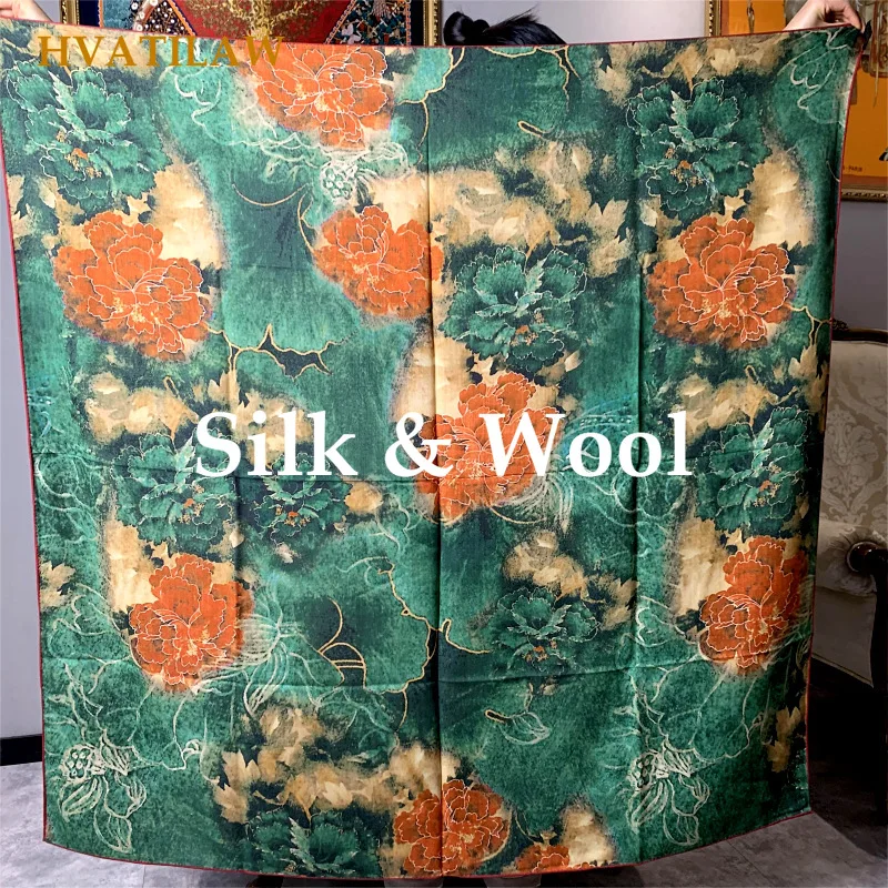 New 30% Silk 70% Wool Scarf 135cm Big Size Women Square Scarf Designer Double-sided Floral Print Winter Warm Shawl Wrap Pashmina