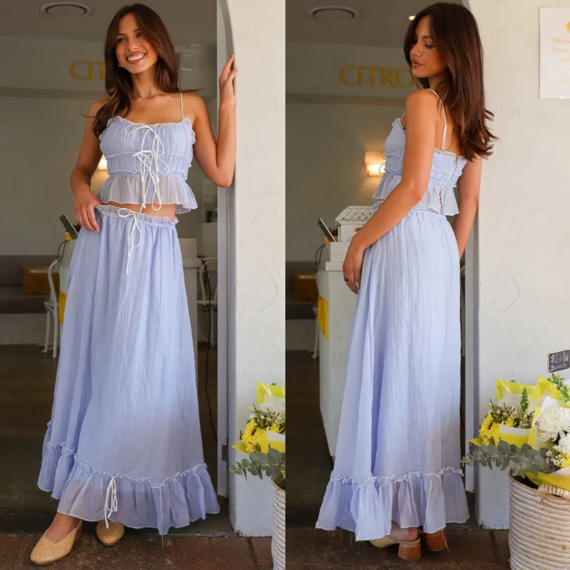 Women's Sexy French Style 2Piece Set Chic Ruffled Crop Cami Top Matching Maxi Skirt Perfect For Summer Vacation Beach＆Daily Wear