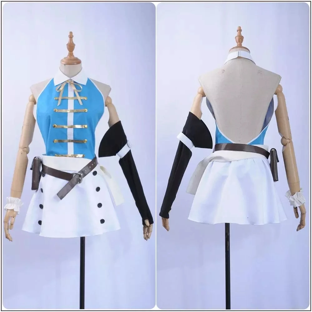 Anime Fairy Tail Cosplay Costume para Mulheres, Lucy Heartfilia, Sexy, Costas Abertas, Top, Branco, Mini Saia, Bolsa, Roupas, Meninas, Halloween