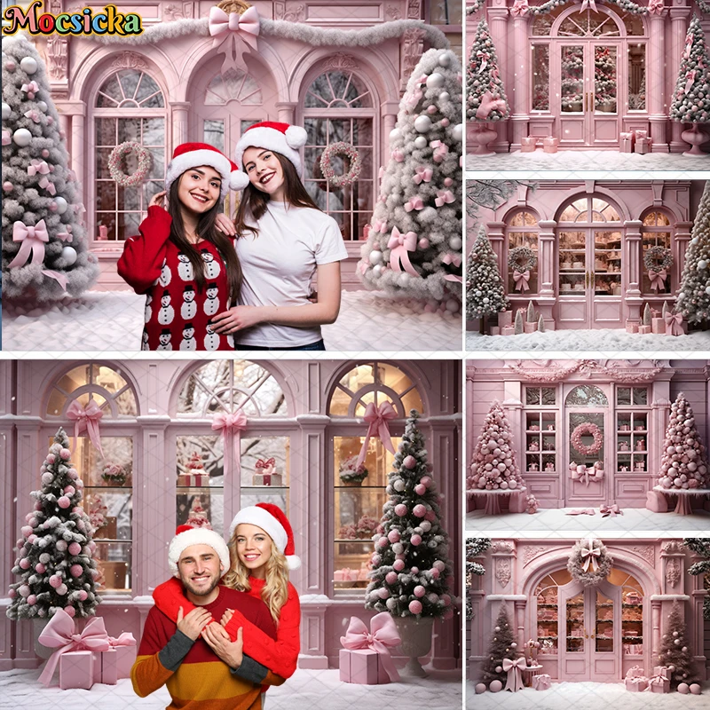 

Pink Christmas Shop Backdrops Winter Xmas Tree Wreath Holiday Decor Girl Princess Birthday Cake Smash Photography Backgrounds