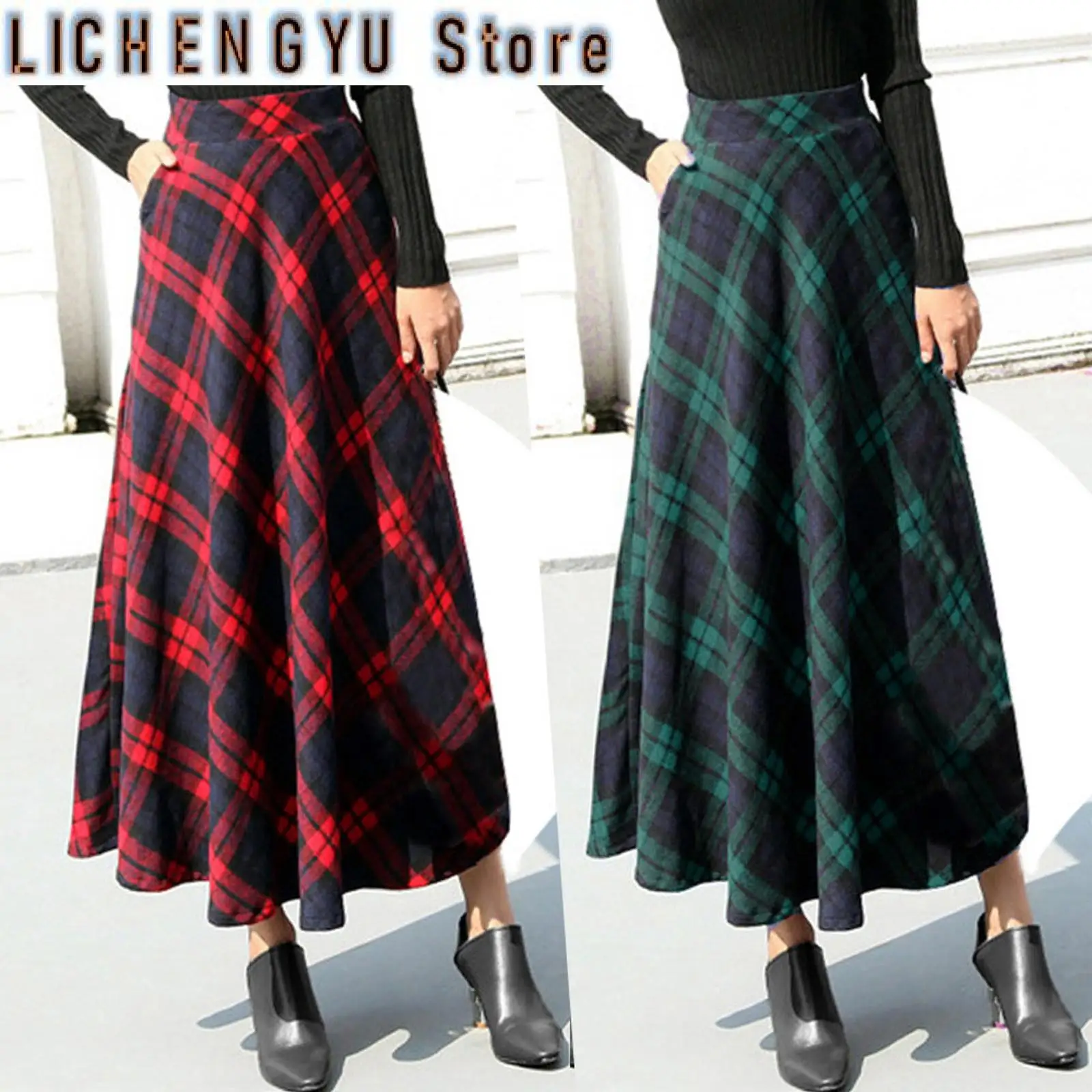

Womens Fashion Casual Skirt High Elastic Waist Maxi Pleated A-line Plaid Winter Warm Flare Long Ankle Skirts Mujer Falda