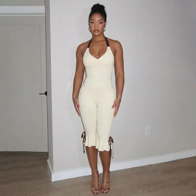 

BKLD 2026 Spring New Sleeveless Halter Neck Strap Fashion Solid Color Sexy One Pieces Slimming Jumpsuits Party Women Clothing