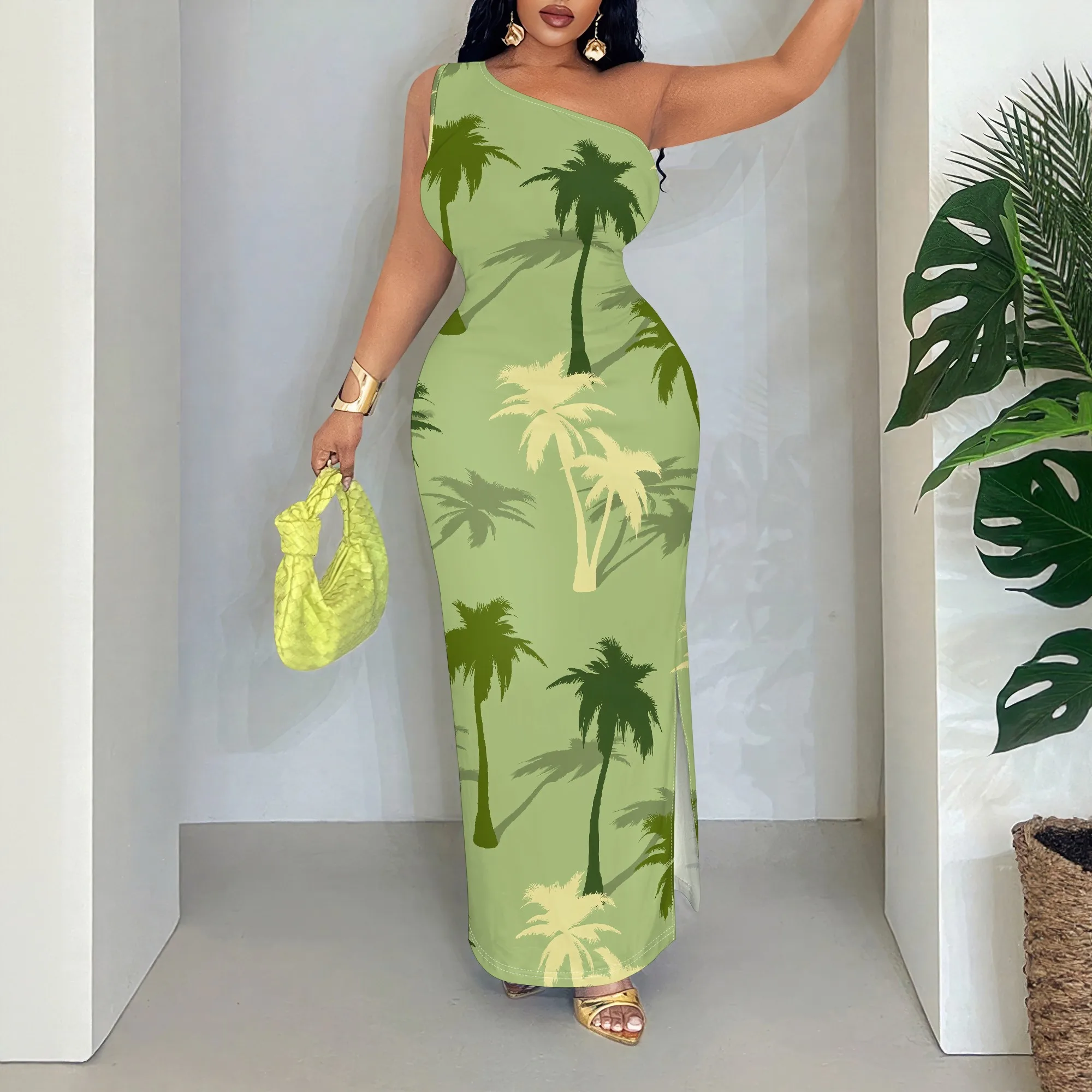 

Palm Print Dress, Sleeveless Asymmetric Neck Maxi Dress, Tropical Vacation Sundress, Summer Beach Party Wear, S-2XL