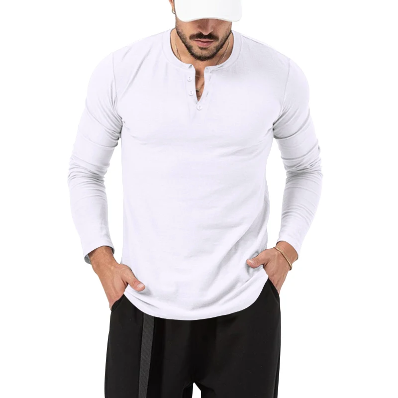 Men\'s round neck solid color button up long sleeved T-shirt Henley casual sports bottom shirt