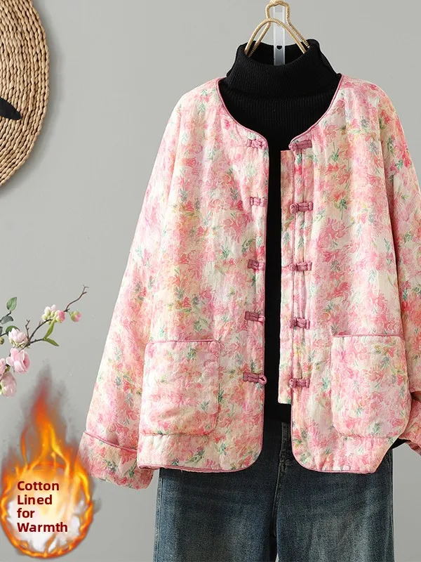 Jaqueta de Aodão ande Tamanho para Mulheres, Casaco Quente Estampado com Fechamento por Botão, Sem Mangas, Manga Longa, D...