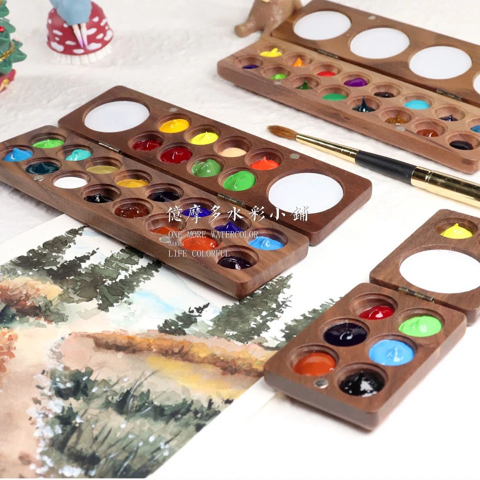 Pure Handmade Creative  Ins Style Wood Watercolor Box Mini Walnut Paint Box Crafts
