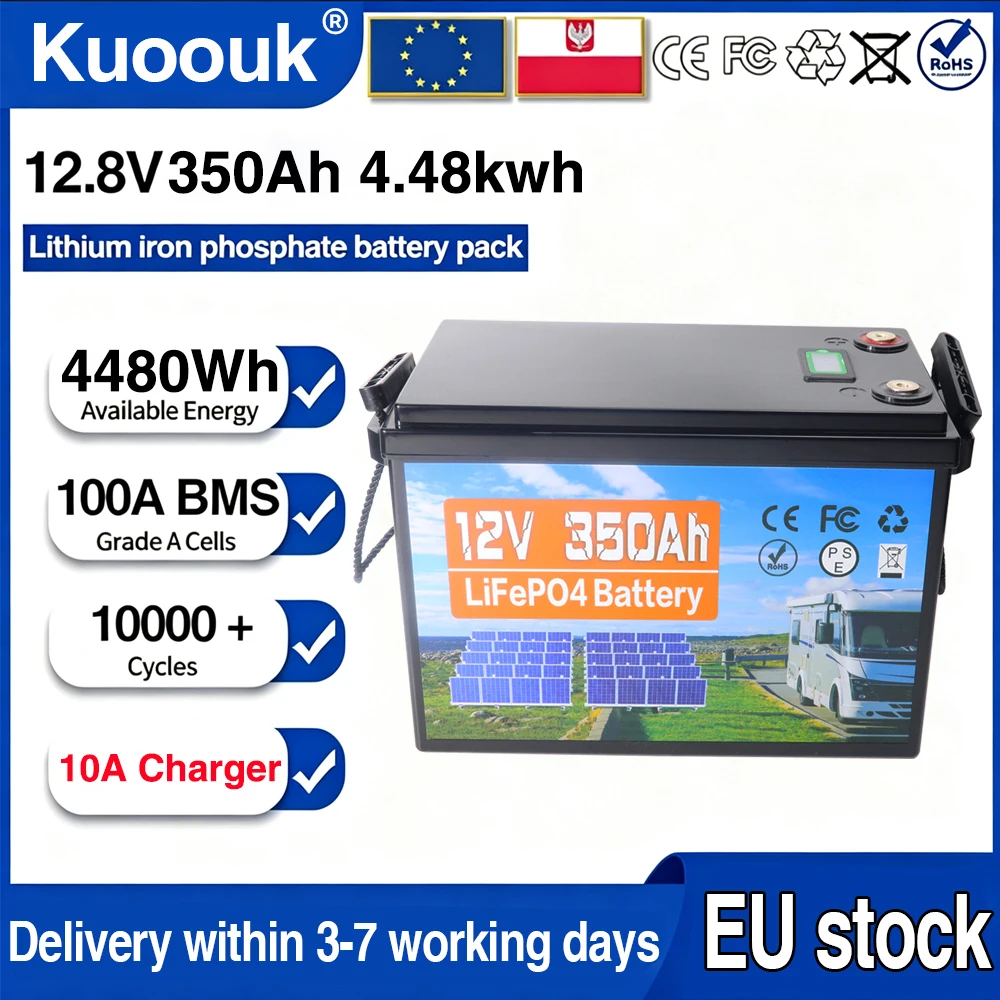12V 350AH LiFePO4 Lithium-Eisenphosphat-Batterie, 4480Wh Energie, integriertes 100A BMS, 1280Wh, für Wohnmobile, Golfwagen, Solarspeicher, polnischer Lagerbestand