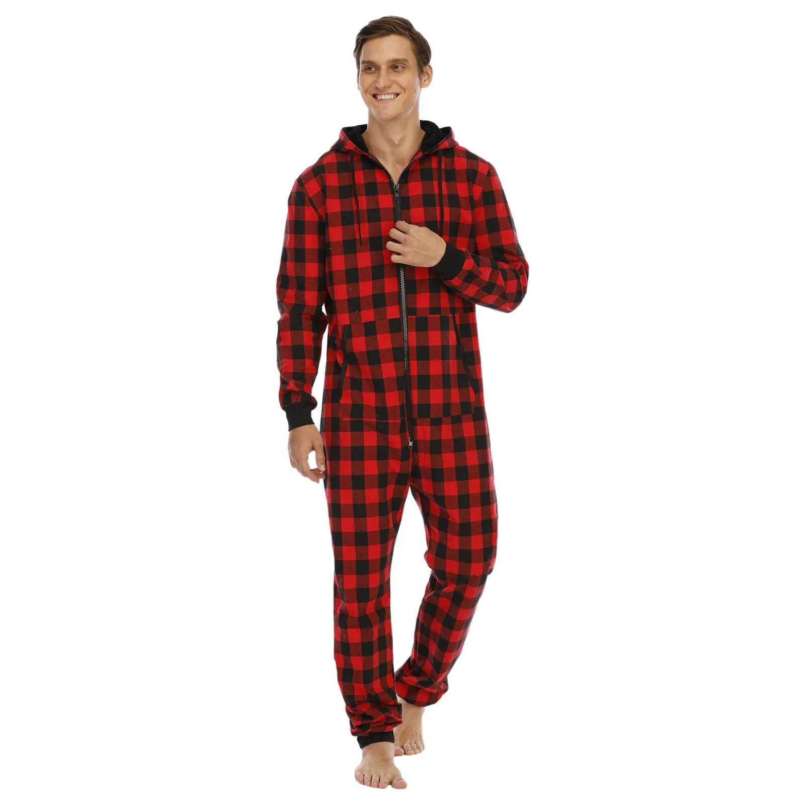 

Men Warm Coral Fleece Plaid Fluffy Sleepwear Lounge Homewear One Piece Pyjamas Male Jumpsuits Hooded For Men Pajamas