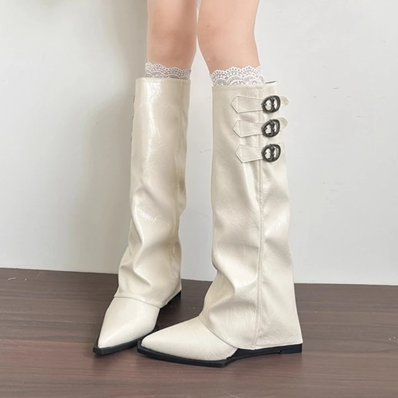 2025 Fashion Autumn Winter Low Heels Long Boot Splicing Buckle Strap Woman Knee-High Boots Square Style Female boot