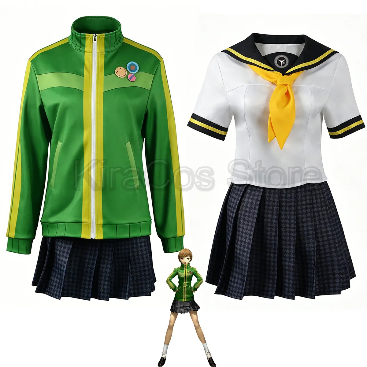 Anime Satonaka Chie Cosplay-Kostüm, Yasogami High School Uniform, grüne Trainingsjacke, High School Uniform Kostüm-Set