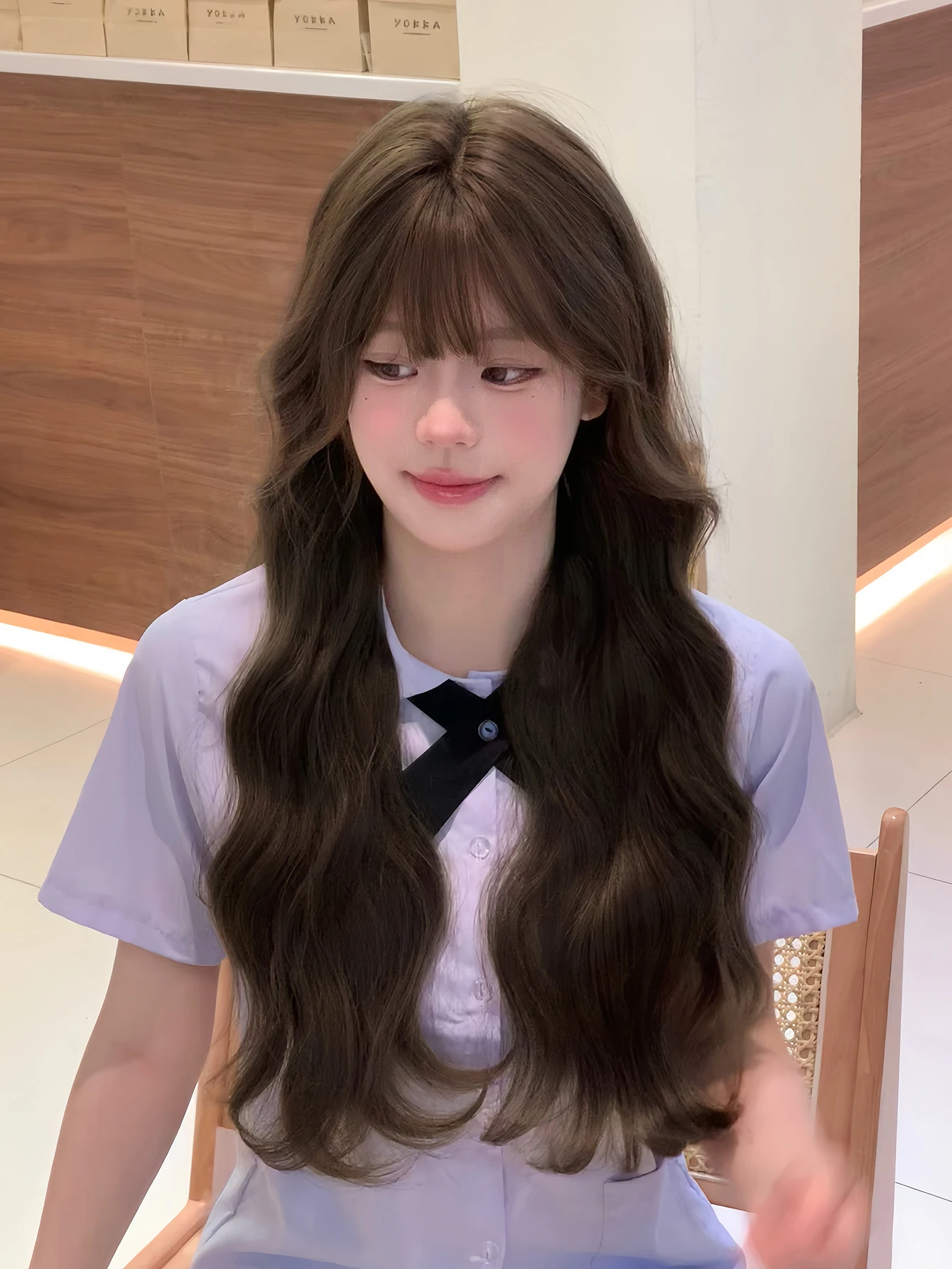 Wig sintetik Lolita cantik warna cokelat hijau 28 inci dengan Wig rambut panjang bergelombang untuk penggunaan sehari-hari wanita Cosplay tahan panas