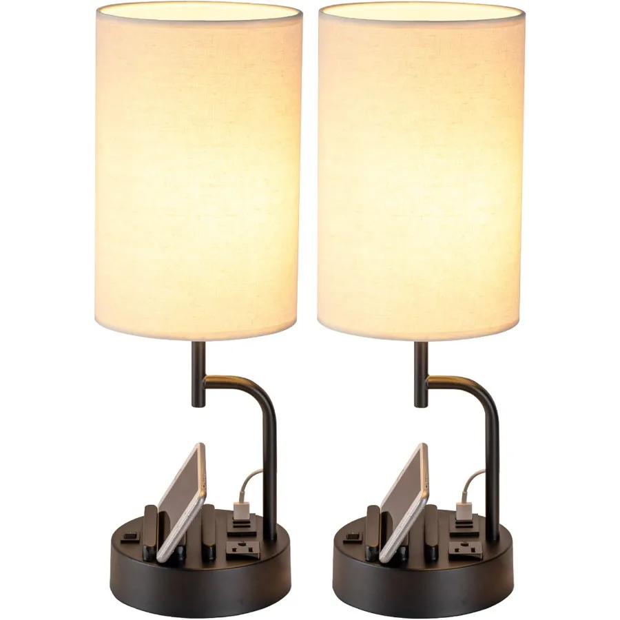 โคมไฟตั้งโต๊ะพร้อมพอร์ตชาร์จ USB 3 ช่อง โคมไฟตั้งโต๊ะทันสมัยพร้อมเต้ารับไฟฟ้าและที่วางโทรศัพท์ โคมไฟข้างเตียงที่สมบูรณ์แบบสำหรับห้องนอนและห้องนั่งเล่น