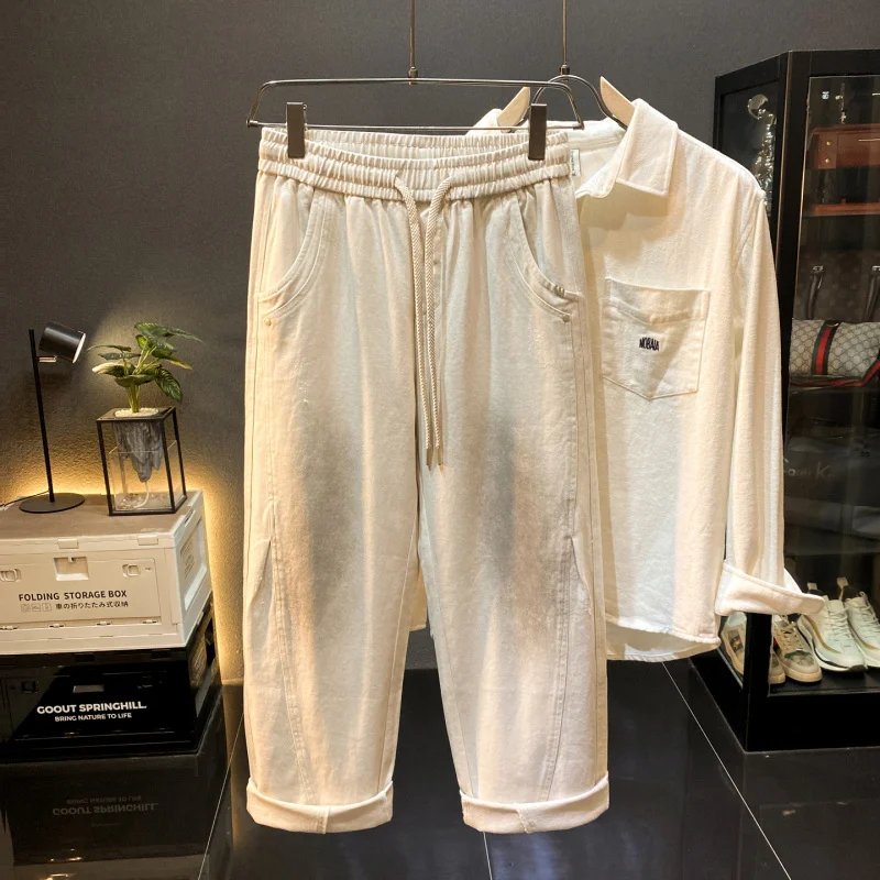アメリカンハイストリートライトカラーカジュアルパンツメンズルーズストレートスリックダーティパンツヴィンテージウォッシュドドレープワイドレッグロングパンツ