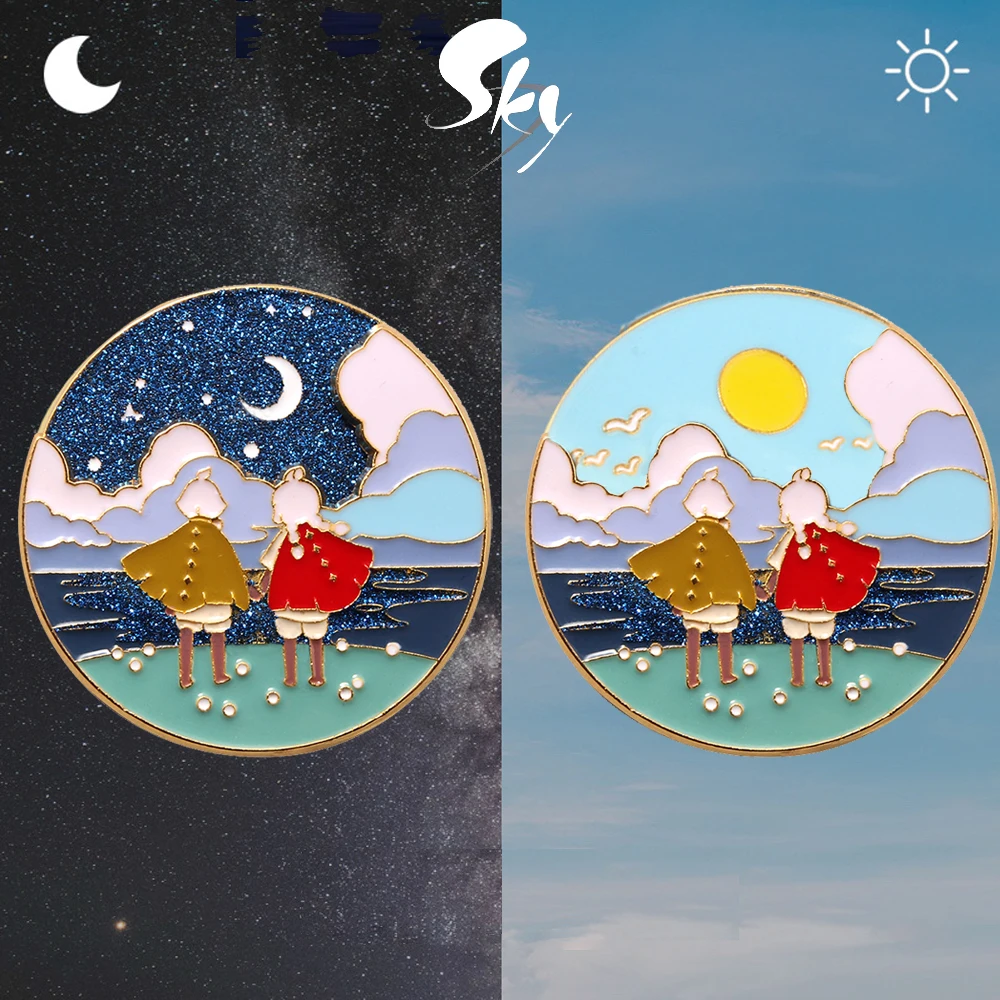 Sky: Light Spinning Enamel Pin Day Night Reversible Spinning Brooches Kids Backpack Clothes Gift Party Jewelry for Friends