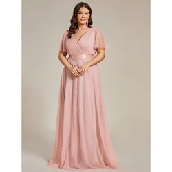 LoveDoris-vestidos de dama de honor de gasa rosa, manga corta, vestido de novia con cuello en V, vestido de noche personalizado, 2024