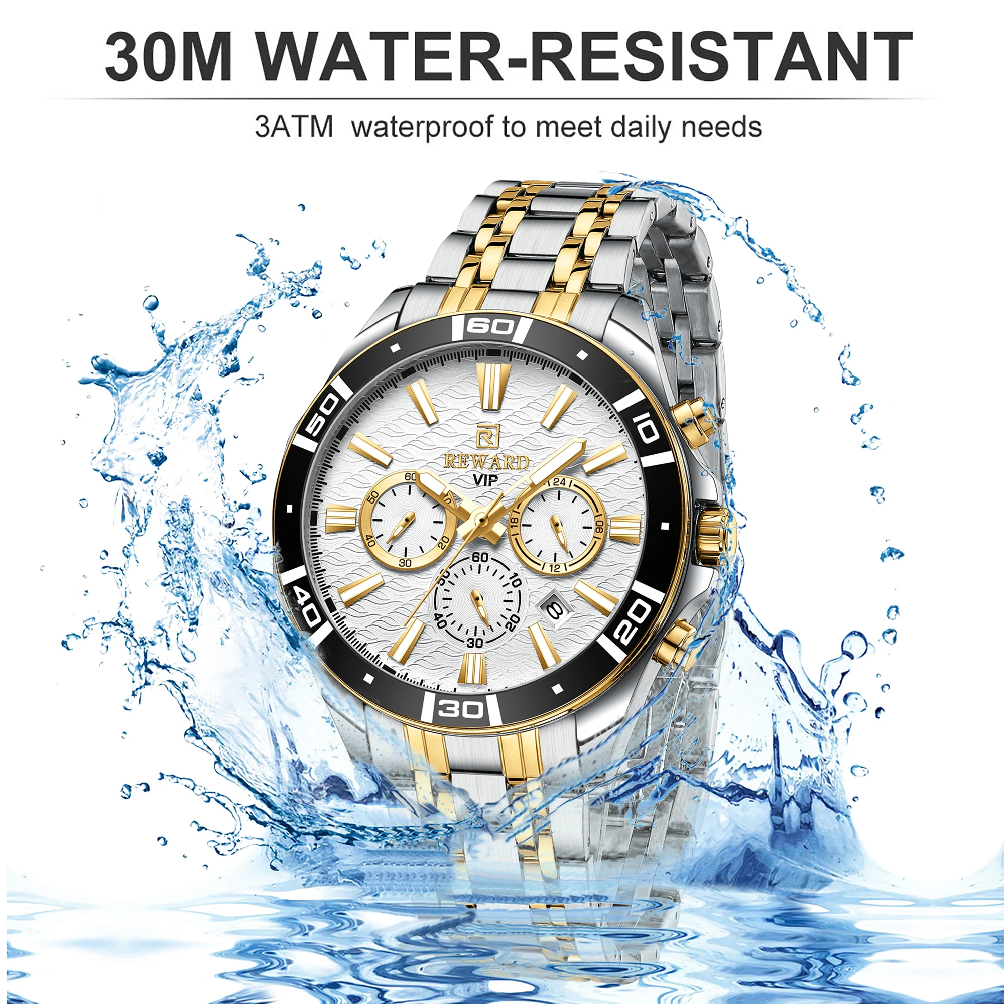 New REWARD Mens Watch Waterproof Sport Wristwatch for Men Stainless Steel Business Quartz Watches Clock Gift for Father Birthday