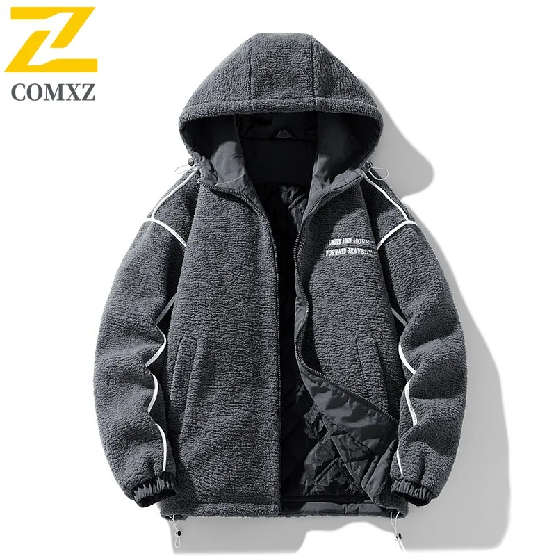 COMXZ Giacca in pile da uomo 2025 Giacca giapponese con cappuccio tinta unita calda da sci per il tempo libero Giacca da pane Passeggiata quotidiana Cappotto imbottito ampio taglie forti