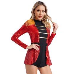 Womens Circus Ringmaster Cosplay Costume Long Sleeve Shiny Sequins Tassel Bodysuit Carnival Party Role Play Jumpsuit Clubwear