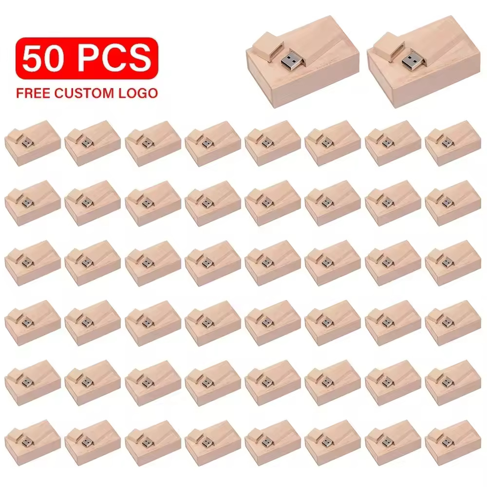 חבילת 50 יחידות של כונני USB מעץ בנפח 128GB, כולל הדפסת לוגו בהתאמה אישית, זיכרון נייד 64GB, קופסת מתנה יצירתית, דיסק און קי 32GB עם קיבולת אמיתית.