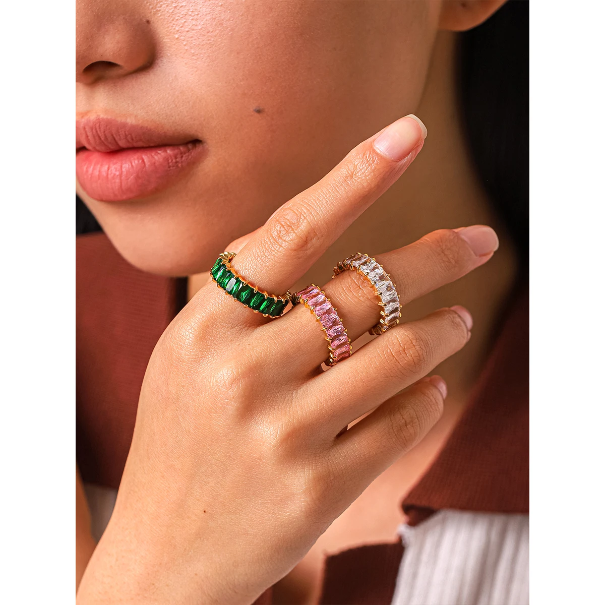 

PVD 18K Gold Plated Cubic Zirconia Eternity Ring Copper Inlaid Colorful CZ Band For Women Daily Wear Engagement Gift