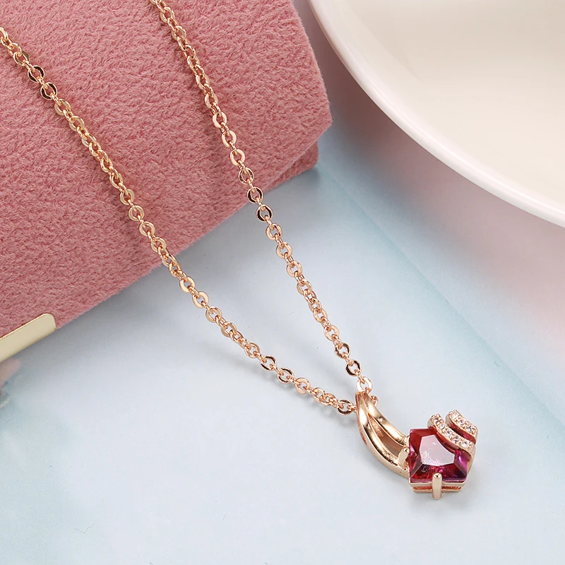 SYOUJYO Trendy Square Garnet Red Natural Zircon Necklace for Women 585 Rose Gold Color Pendant Necklace Crystal Flower