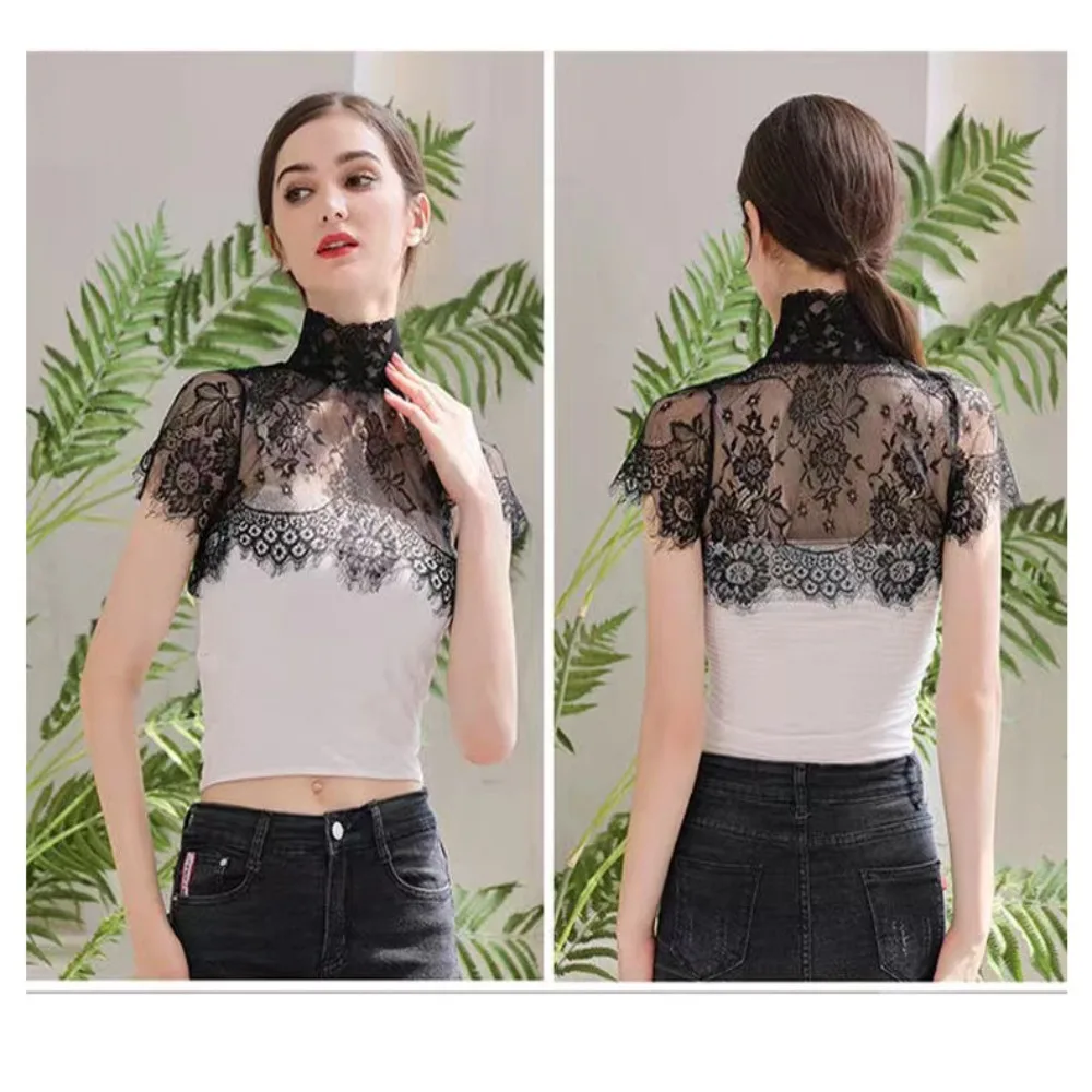 Women Black Lace Shirt Fake Collar Fashion Embroidered Blouse Detachable Collar Shawl Wrap Decorative Blouse Shawl Lapel Top