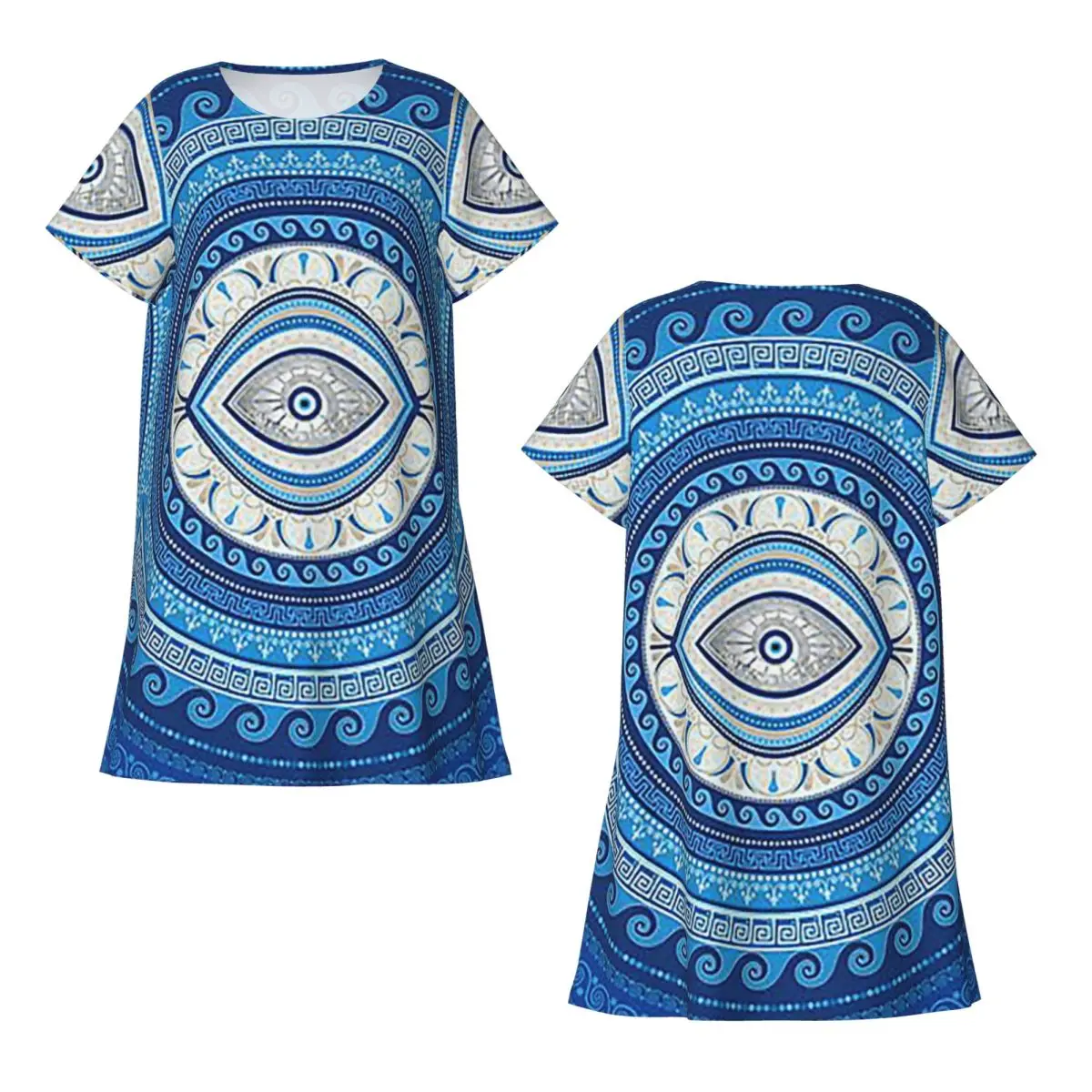 Greek Mati Mataki Greek Evil Eye Ornament Short Sleeves Nightdress  Sleeping Sleepshirts Women  Nightgowns Soft Pajama Dress