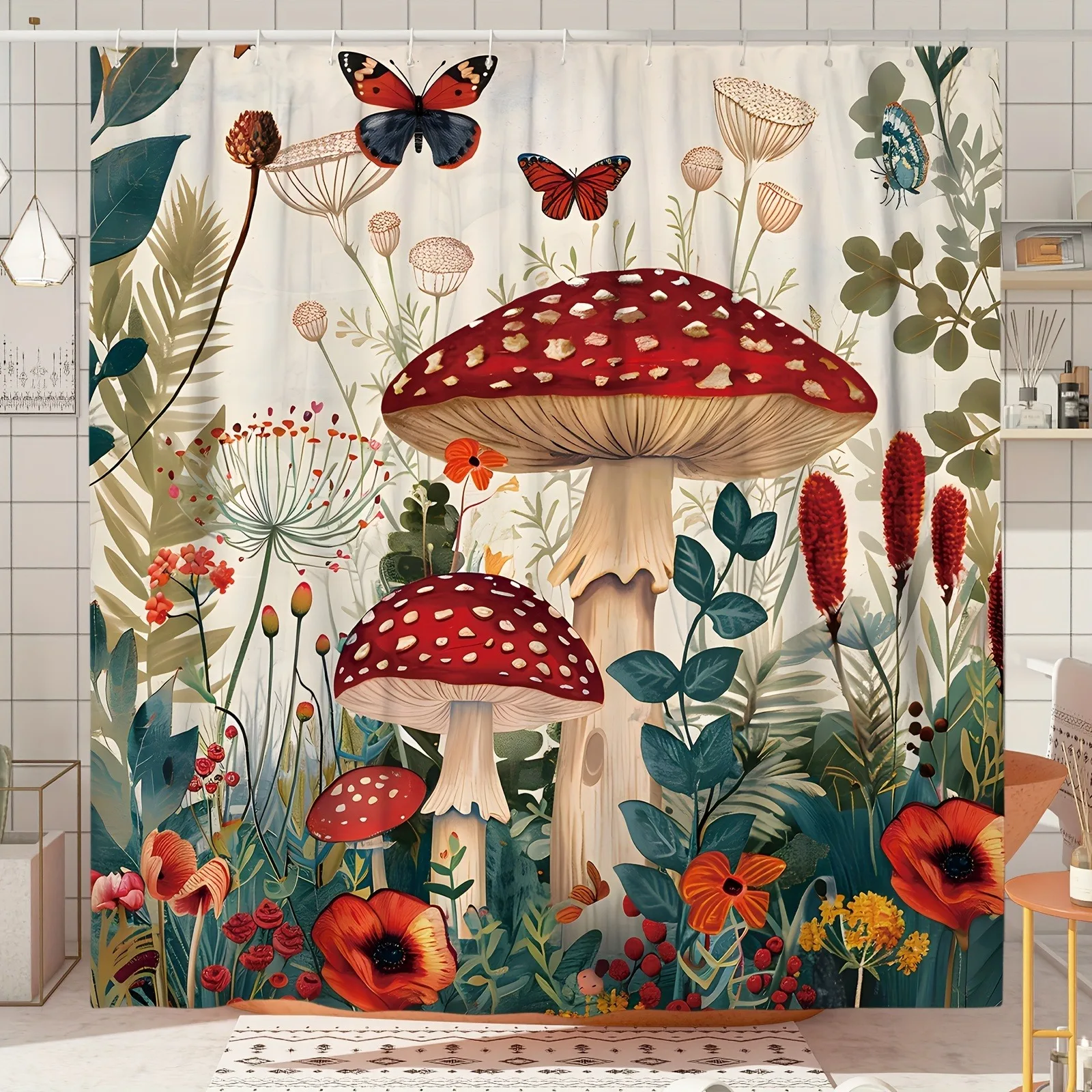 Rustic Farmhouse Shower Curtain 3D Printing Polyester Waterproof Mushroom Wildflower Design with 12 Hooks Bathroom Accessories