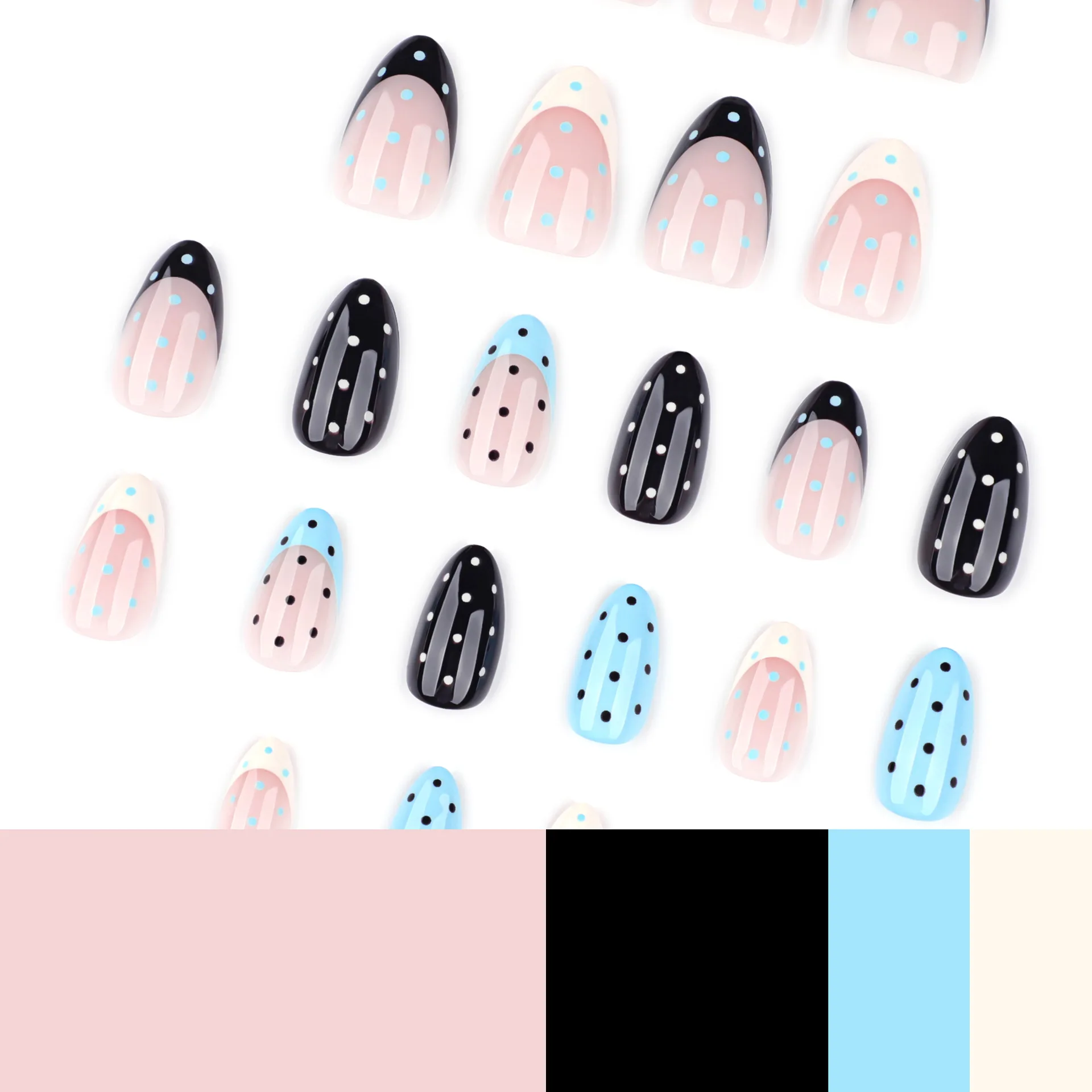 Średnie sztuczne paznokcie dla kobiet, dziewczęce, modne, wzór w kropki, czarno-niebieskie, pełne pokrycie, francuski manicure, tipsy w kształcie migdała, naklejane sztuczne paznokcie, zdobienie paznokci.