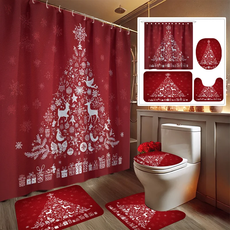 

Christmas Tree Printed Shower Curtain Set with Bath Mat & Toilet Cover, Includes 12 Hooks for Holiday Home Decor Gift