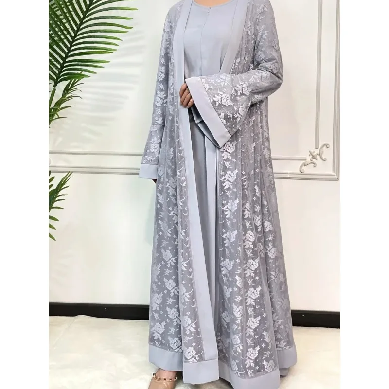 Ramadan Eid Prayer Lace Abaya 2 Piece Set Inner Dress Women Flare Sleeve Long Abayas Kaftan Djellaba Dubai Party Vestidos 2024