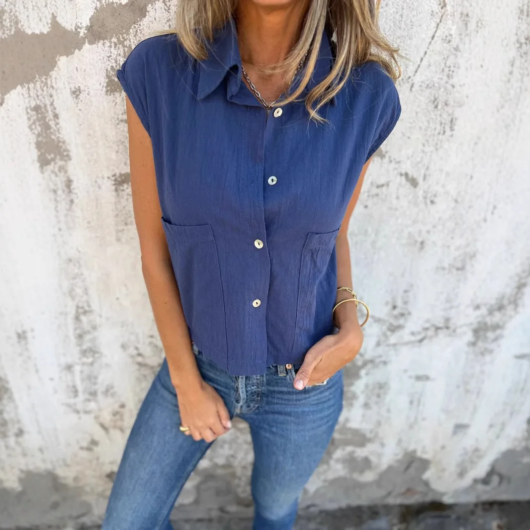 2025 новые модные американские европейские летние женские однотонные однобортные рубашки из хлопка и льна с отложным воротником без рукавов