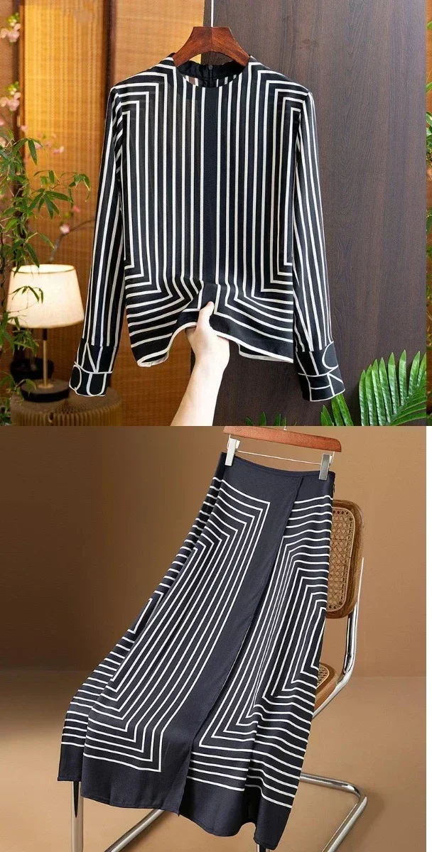 Striped Women Skirt Sets Long Sleeves Casual Fashion O-Neck Blouse Summer Chiffon Zipper Skirt Two Pieces